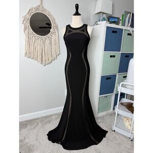 Cache Black Nude Mesh Illusion Panels Back Formal Long Maxi Dress Mermaid Gown 4